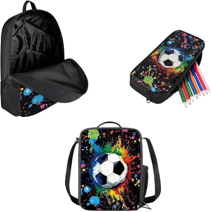 Mumeson Football Student 17 inch Backpack Schoolbag Set Rucksack for Girl Boys Large Capacity Organizer Book Bags with Insulated Thermal Lunch Bag Small Pencase - Image 2