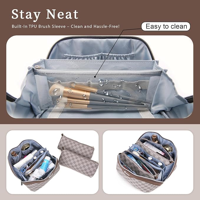 BOYATU Travel Makeup Bag Organizer Cosmetic Bag: 3 Pcs Set Make up Bags for Women with Handle - Waterproof Vegan Leather Toiletry Bags Travel Essentials Pouch with Compartments (H-02-Grey) - Image 3