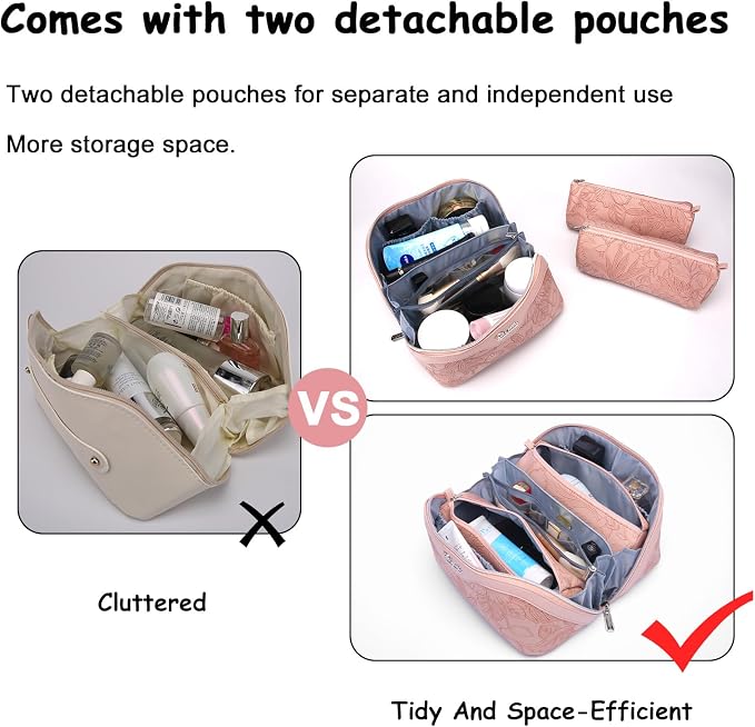 BOYATU Travel Makeup Bags Cosmetic Organizer Bag: 3-Set Large Capacity Make up Bag - PU Leather Toiletry Bags for Women - Wide Open Portable Pouch with Divider & Handle (01-Z-Pink) - Image 4