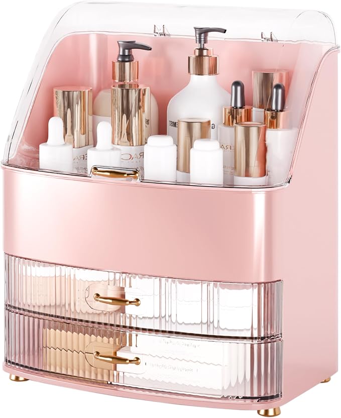 Makeup Organizer Countertop Vanity with Transparent Lid Drawers Waterproof Dustproof Cosmetic Skincare Bathroom Storage Gift for Women Teens Girls (Pink) by Unknown