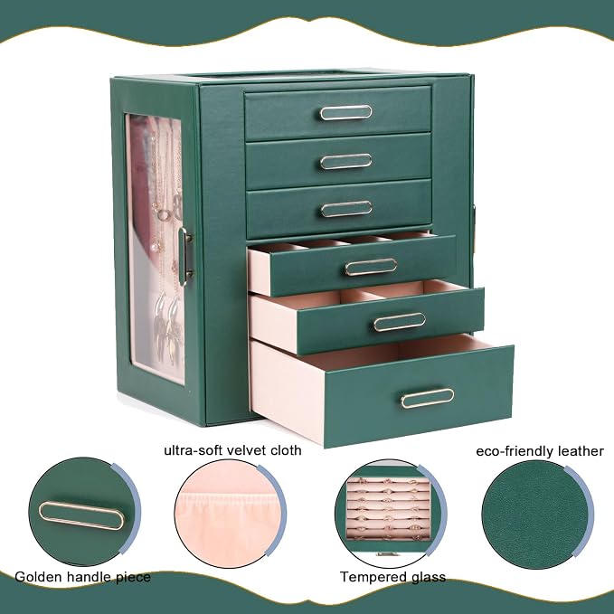 BOOVO Clear Lid Jewelry Box,3 Layers Jewelry Organizer Large Jewelry Storage Box with 2 Drawers,Jewelry Holder Organzier of Rings Earrings Necklace Bracelets for Women (Green, 6 Layer) - Image 4