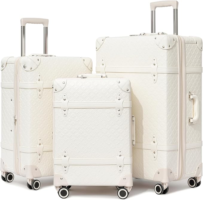 NZBZ Vintage Luggage Sets for Women Retro Suitcase Cute Vintage Expandable Luggage of 3 (Pure White, 20inch & 24inch & 28inch) by NZBZ
