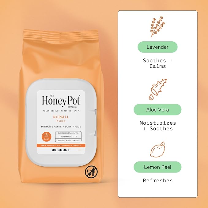 The Honey Pot Company - Feminine Wipes - Daily PH Balancing, Fragrance & Sulfate Free Wipes for Intimate Parts, Body, or Face - Hygiene Products - Normal 30 ct (Pack 3)