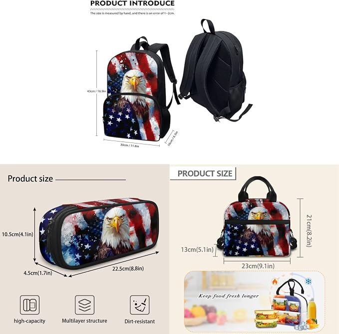 3 Pcs School Backpack for Girls Boys Blue American Flag Eagle Backpack Kids Preschool Elementary Bookbags Set With Lunch Tote Bag Pencil Case Kids School Bags Daypack 3 In 1 - Image 5