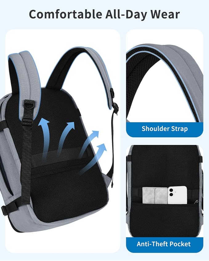 WANDF Travel Backpack For Spirit Airlines Personal Item Bag 18x14x8 with Wet Pocket, 17 Inch Laptop Backpack for Men Women | Frontier Airline Underseat Fit, Fits 17" Laptop, 180°Opening, Travel Backpack - Image 7