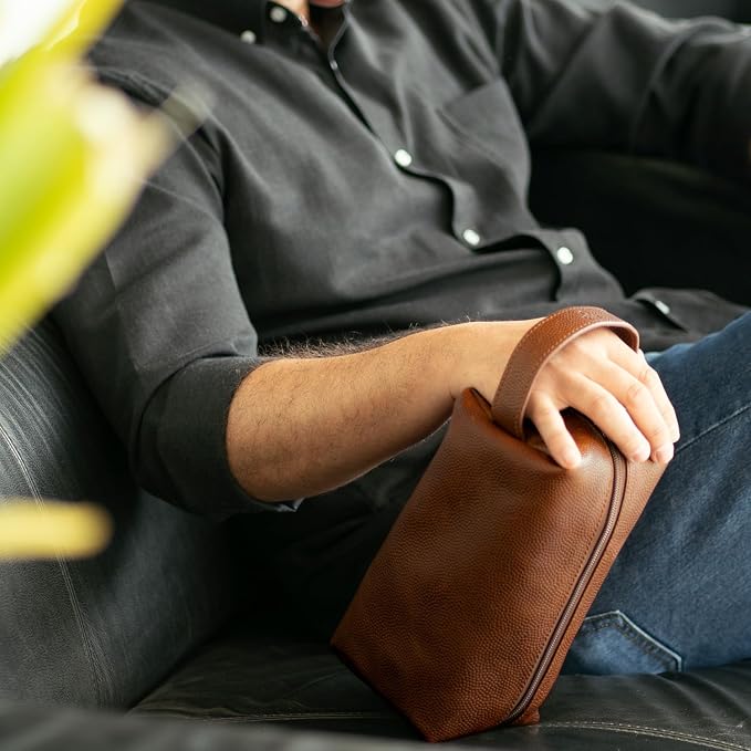 Leather Toiletry Bag for Men – Water Resistant Travel Dopp Kit - Premium Full Grain Leather Cosmetic Case- Perfect Gifts for Him - Mens Toiletry Bag (Honey) - Image 6