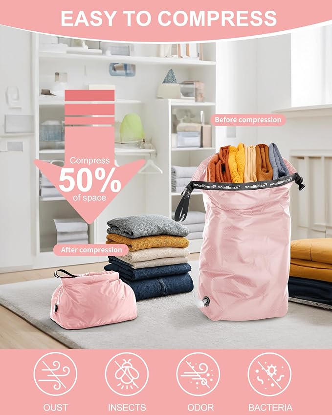 Travel Laundry Bag, Pump-free Vacuum Compression Dirty Clothes Bag, Large Reusable Waterproof & Washable Laundry Bag, Wet and Dry Bag, Ideal for Suitcases, Laundromats (1 Pack) Pink - Image 3