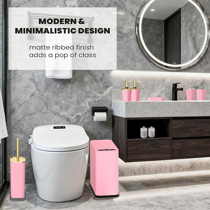 XLHOMO 9-Piece Pink Bathroom Accessories Set - Cute & Functional Set with Slim Trash Can, Soap Dish & Jars - Ideal Gift for Girls, Dorm Room & Modern Vanity Decor - Image 7