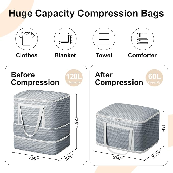 Comforter Storage Bag - 120L Bedding Storage Bags for Moving Closet, Washable Blanket Storage Bag, Ultra Space Saving Self Compression Organizer, 4-Pack, Grey - Image 2