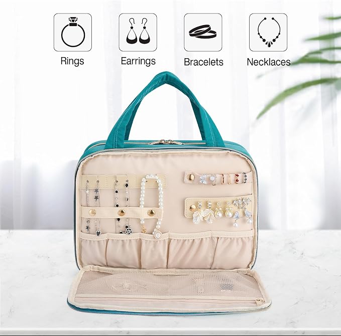Hanke Hanging Travel Toiletry Bag with Jewelry Organizer, Turquoise Green | Large Capacity, Holds Full-Size Bottles, Water & Stain Resistant, 360° Swivel Hook, Trolley Sleeve, Women's Makeup Organizer - Image 3