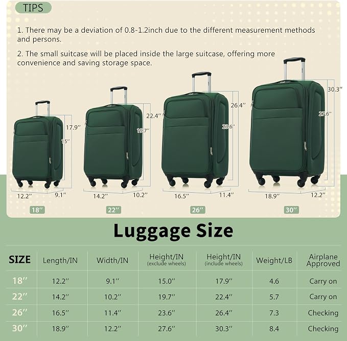 Merax Softside Luggage Set 4 Piece,18/22/26/30 Expand Suitcase,Dark Green | Lightweight Travel Suitcase with Wheels, Luggage with TSA Lock, Suitcase,Carry On Checked Luggage Set - Image 8