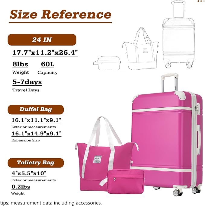 Merax Luggage Set,24 IN Hardside Suitcase with Duffel Bags,3 Piece Expandable Luggage with Spinner Wheels, Vintage Luggage with TSA Lock Lightweight,(Pink) - Image 2