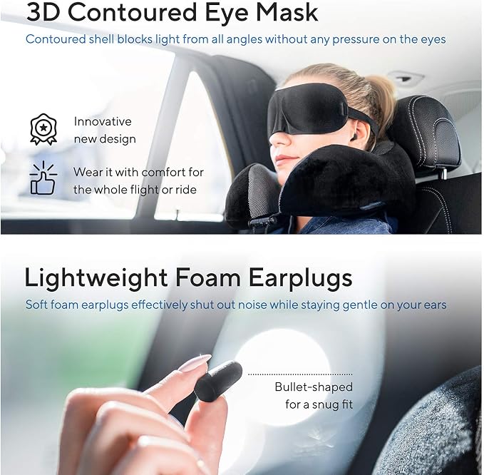 Proglobe Travel Blanket Luxury Travel Set - Ergonomic Airplane Neck Pillow 100% Pure Memory Foam and Super Soft Fleece Blanket - Premium 3D Sleep Mask & Earplugs - Ultimate 4-in-1 Traveling Kit Black - Image 5