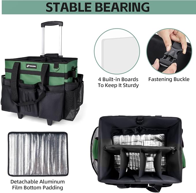 Large Rolling Cleaning Caddy Bag with Wheels, Cleaning Bag with Detachable Trolley, Cleaning Bags on Wheels for Housekeepers, Cleaning Cart Supplies Organizer for Home, Car, Picnic (Green) - Image 2
