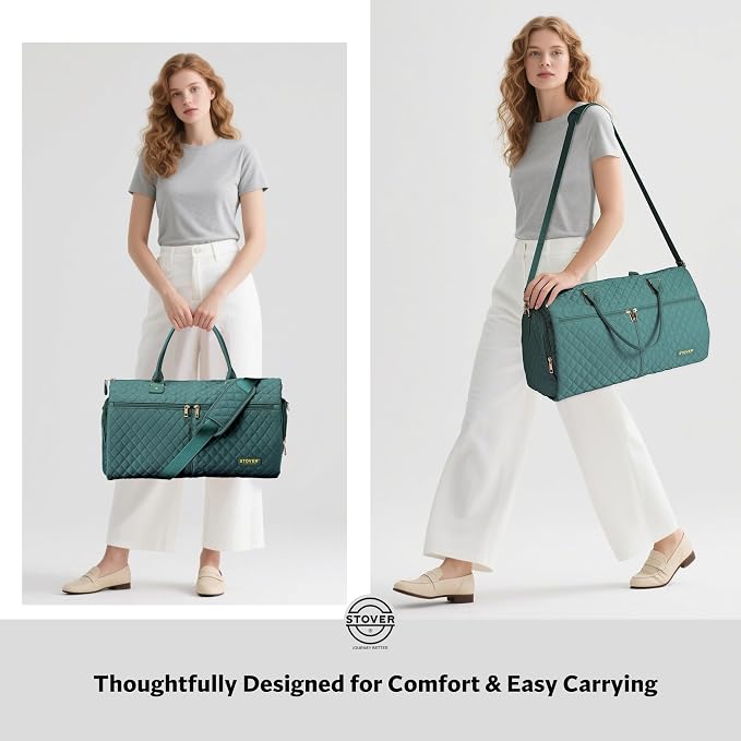 STOVER Women’s Convertible Garment Duffel Bag for Travel – 2-in-1 Carry-On Weekender/Overnight Tote - Wrinkle-Free Dresses, Suits & Clothes + Shoe Compartment & Bonus Toiletry Bag (Emerald Green) - Image 7