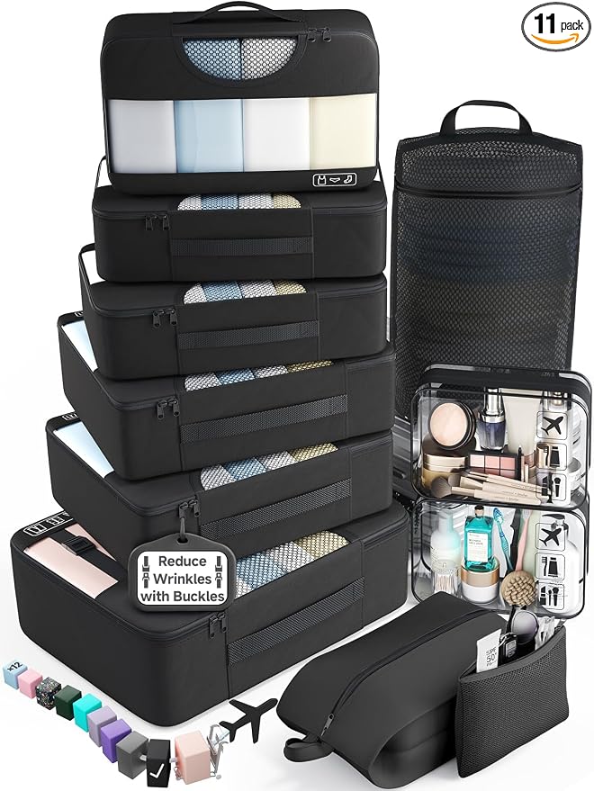 Veken 11 Set Packing Cubes for Travel,Anti-Wrinkle Buckled Suitcase Organizer with Shoe,Toiletry,Makeup Bag,Carry On Luggage Bag with 99+ Count Mesh Holes for Airplane & College Dorm Essentials by Veken