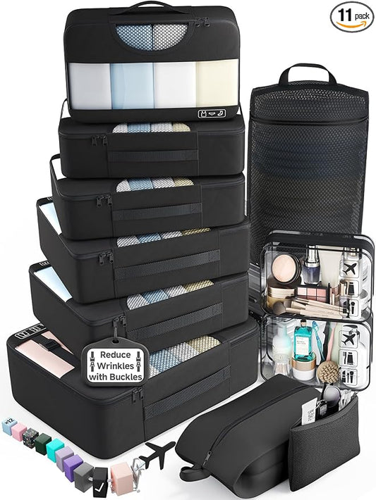 Veken 11 Set Packing Cubes for Travel,Anti-Wrinkle Buckled Suitcase Organizer with Shoe,Toiletry,Makeup Bag,Carry On Luggage Bag with 99+ Count Mesh Holes for Airplane & College Dorm Essentials by Veken