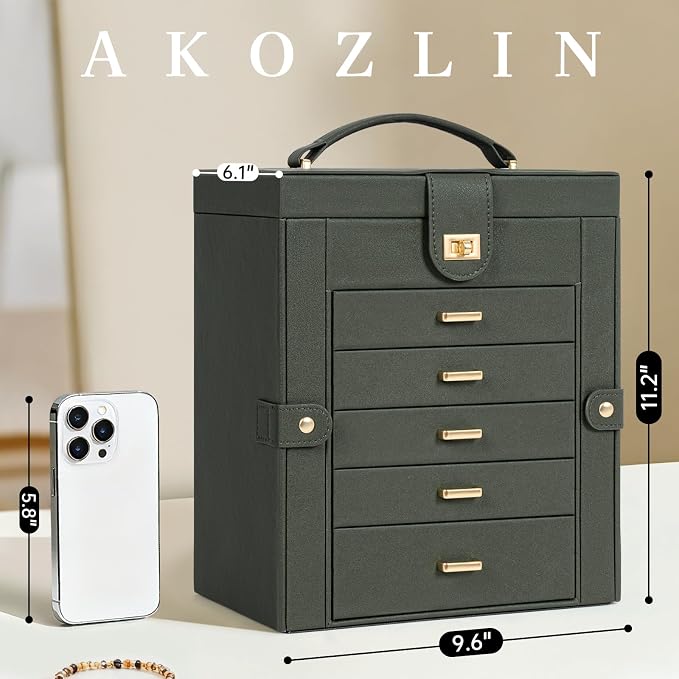 AKOZLIN 6-Tier Jewelry Box Organizer Functional 5 Drawers Leather Jewelry Storage Case for Women Girls Ring Necklace Earring Bracelet Holder Organizer with Mirror Medium Dark Green - Image 3