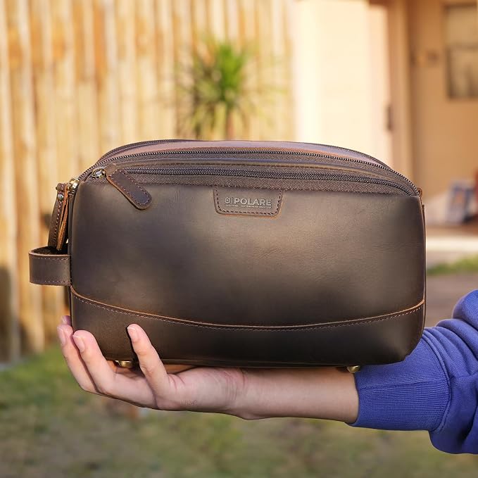 Polare Full Grain Leather Toiletry Bag for Men Large Travel Cosmetic Case Dopp Kit Shaving Kit Wash Pouch with YKK Zippers - Image 8