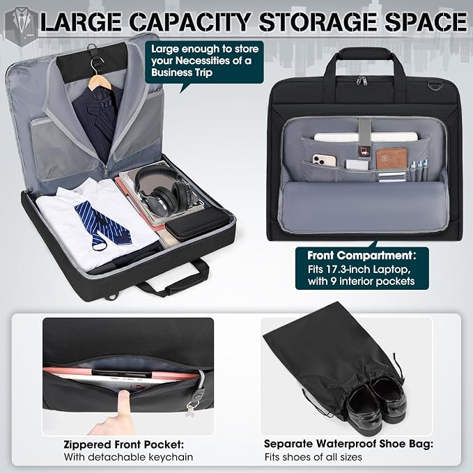 RAINSMORE Garment Bags for Travel Carry On Garment Bag for Hanging Clothes, Suit Bag for Business Trips with Shoes bag & Shoulder Strap, Waterproof Foldable Suit Luggage Bag for Men Women, Black - Image 3