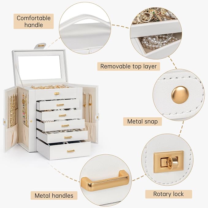 AKOZLIN 6-Tier Jewelry Box Organizer Functional 5 Drawers Leather Jewelry Storage Case for Women Girls Ring Necklace Earring Bracelet Holder Organizer with Mirror Medium White - Image 3