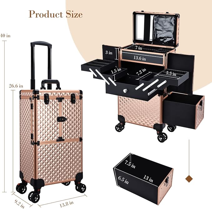 Professional Makeup Artist Rolling Train Case Multi-functional Cosmetic Train Case Large Trolley Storage Case for Nail Technicians Cosmetology Case for Hairstylist Rose Gold - Image 6