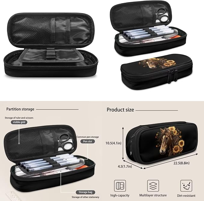 4Pcs Sunflower Horse Schoolbag and Lunch Box Pencil Bag Water Holder Bag for Boy 10, Preschool, Outdoor Travel Ruckpack Laptop Bags - Image 2