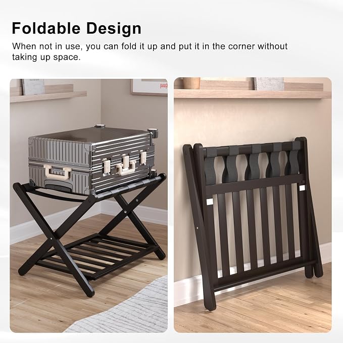 Smuxee Fully Assembled Luggage Rack for Guest Room, Upgraded Bamboo Foldable Suitcase Stand with 5 Nylon Straps, Luggage Holder with Shelf for Bedroom Hotel - Image 2