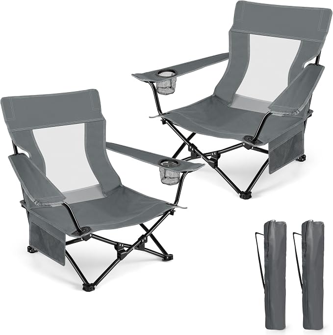 HaSteeL Folding Beach Chair Set of 2, Foldable Grey Camping Chairs for Outside, Low Beach Chair Portable for Adults Fishing, Picnic, Outdoor BBQ, Travel, Sports, Cup Holder & Storage Bag by HaSteeL