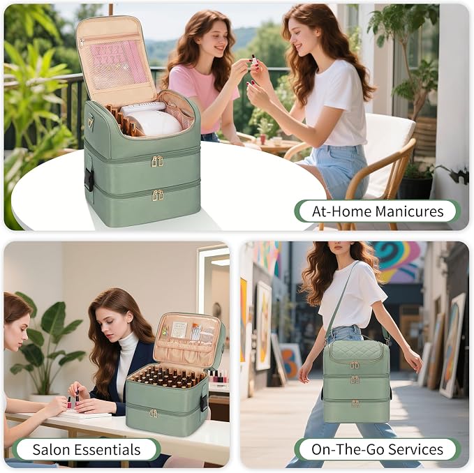 Extra Large Nail Polish Organizer - Three Layer Nail Organizers And Storage Bag, Portable Nail Supplies Organizer Case, Nail Tech Kit Travel Carrying Box with Shoulder Strap (Green, 86 Slots) - Image 8