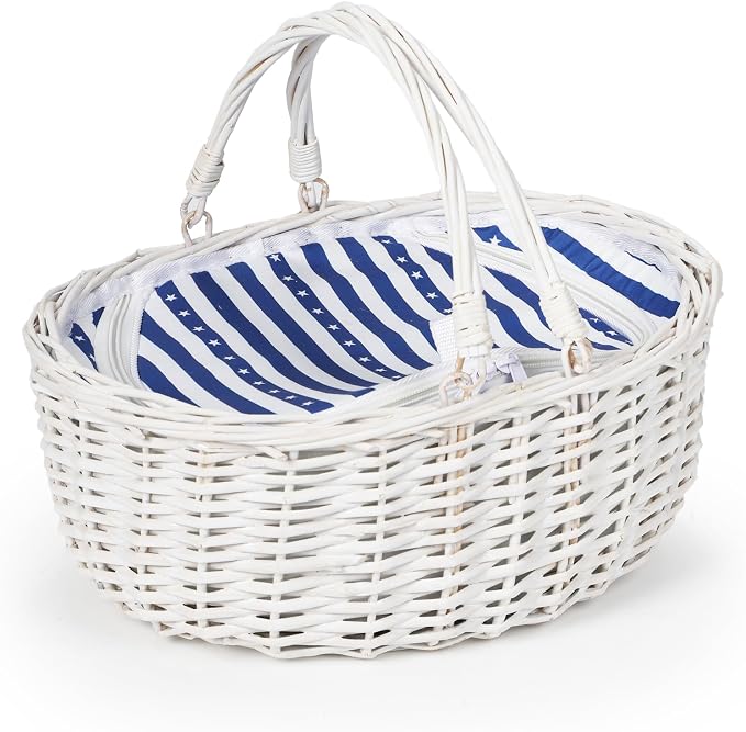 Wicker Picnic Basket with Insulated Lined Bag 15“ x 11” x 7“ Blue, White Star Stripe Pattern, Iced Beer Insulated Bag for Camping, Picnics, Birthday Gifts, Wedding Gifts by YPshuye