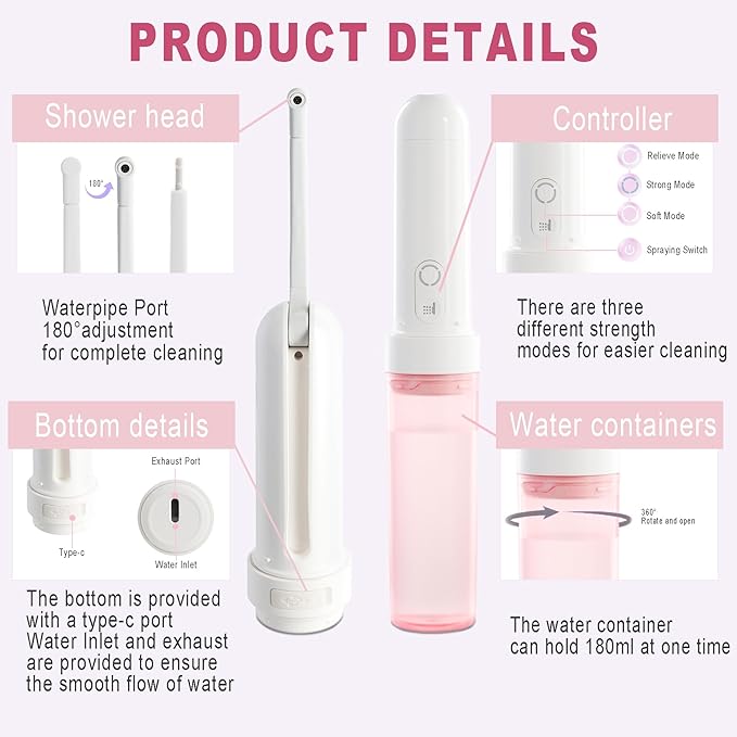 Rechargeable Electric Handheld Portable Bidet for Travel,Personal Hygiene Sprayer Bottle Buddy for Women & Men,Mobile Bidets for Toilet,High Pressure Foldable Compact USB-C Battery Powered (Pink)
