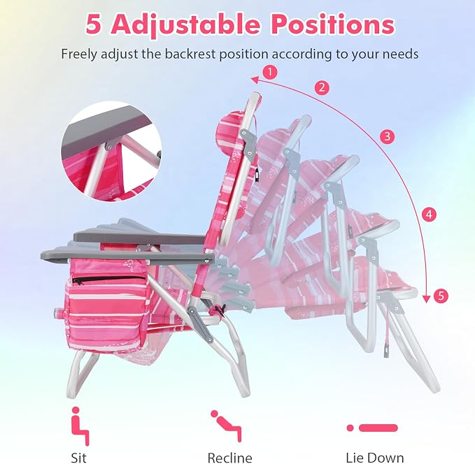 Giantex Folding Beach Chair, Patio Sling Chairs with 5 Adjustable Position, Head Pillow, Storage Bag, Towel Bar, Cup Holders, Backpack Chairs for Sunbathing, Camping Chair - Image 5