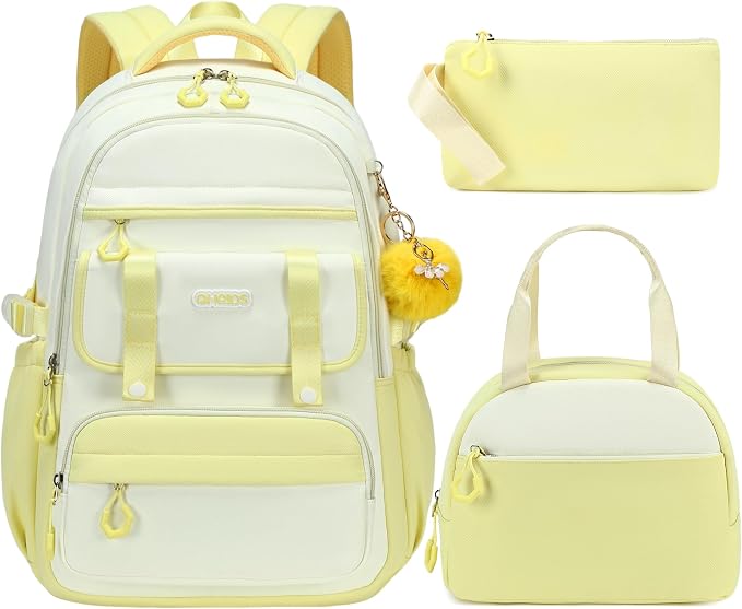 School Backpack for Girls, 3PCS Laptop Backpack 15.6 Inch with Lunch Box Pencil Pouch Set for Kids Teens Elementary Middle High School College Bookbag Student Casual Travel Daypack,Yellow Beige by QHRIDS