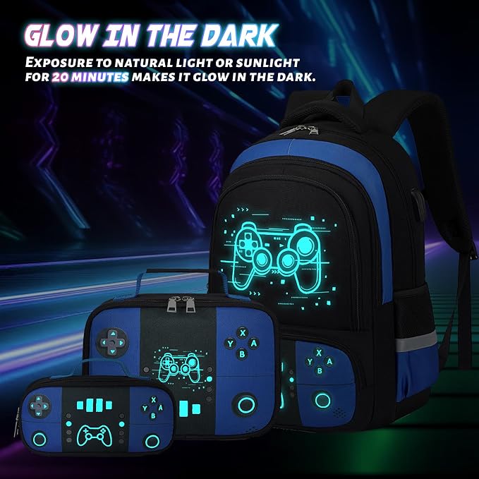 Bevalsa Backpack for Boys with 43OZ Bento Lunch Box,Insulated Lunch Bag & Pencial Case,Cool Luminous Gamer Schoolbag for Kids Teens Elementary Middle School,Bookbag Glow In The Dark - Image 8