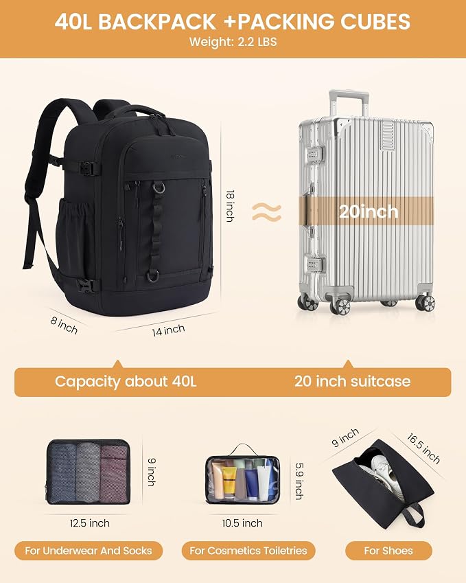 LOVEVOOK 40L Travel Backpack for Men Women, Waterproof Carry On Backpack for Work & Travel, Flight Approved Personal Item with 3 Packing Cubes, TSA Bag Fits 17.3" Laptop,Navy blue - Image 5