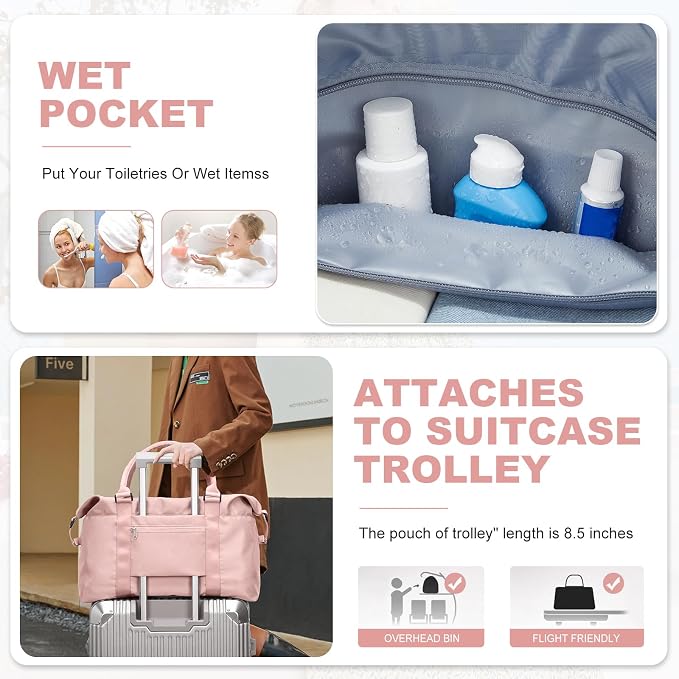 Travel Duffel Bag, Carry On Overnight Weekender Bags for Women | Travel Bag with Wet Pocket & Trolley Sleeve, For Spirit Airlines 18x14x8 Personal Item Bag - Image 7