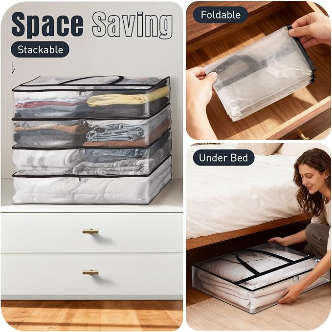 Clear Under Bed Storage Containers - 6 Pack Large Capacity Clothes Storage Bags with Lid & Sturdy Handles, Foldable Moving Bags, Clothing Organizer Totes for Bedding, Comforter, Sheet（60 L） - Image 7