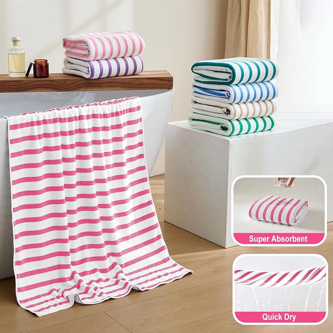 JML Beach Towels, 4 Pack, 30" x 60", Large Microfiber Bath Towel Set, Cabana Stripe, Absorbent, Quick Dry for Salon, Sauna, Hotel, Travel, Sport, Swimming, Pool, Yoga, Camping, Stripe Pink White - Image 4