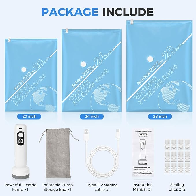 18 Pack Vacuum Bags for Travel with Rechargeable Cordless Electric Pump, Portable Space Saver Bags for Travel & Home, Vacuum Compression Packing Seal for Clothes, Blankets, Seasonal Storage - Image 6
