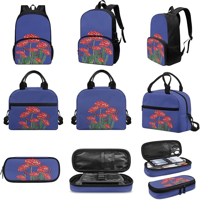 Blue Mushroom Backpack with Lunch Box and Pencil Case Girls Comfy Padded Cute School Backpack Set of 3 Bookbag for Student Lightweight Large Capacity Daypack - Image 3