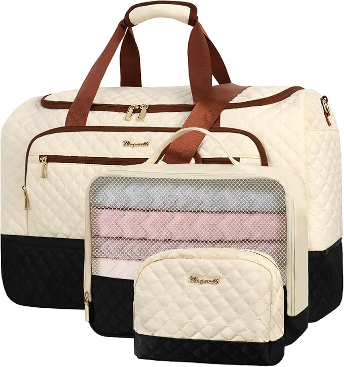 Wogarl 3PCS Weekender Bags for Women Large Overnight Bag Weekend Travel Duffel Bag Carry on Shoulder with Shoe Compartment Canvas Toiletry Bag for Travel Business Gym,Black White by Wogarl