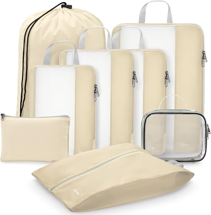 Gonex 8 Set Expandable Mesh Packing Cubes for Travel Essentials, Compression Organizer with Toiletry, Laundry, Shoe, Cable Bags - Beige - Image 9