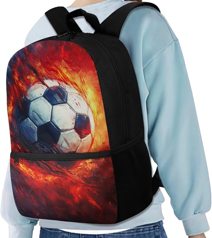 Fire Soccer Backpack for School Boys Backpack with Lunch Box Water Bottle Carrier and Soft Pencil Case 4PCS Set Bookbag with Front Pocket 17 inch Lightweight Elementary School Bag for Kids - Image 2