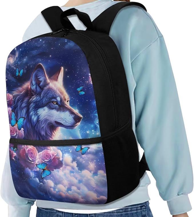 Galaxy Wolf Backpack for Girls Kids Backpack with Lunch Box Water Bottle Holder with Strap and Aesthetic Pencil Case 4PCS Set Bookbag with Front Pocket for School 17 inch Sturdy School Bag - Image 2