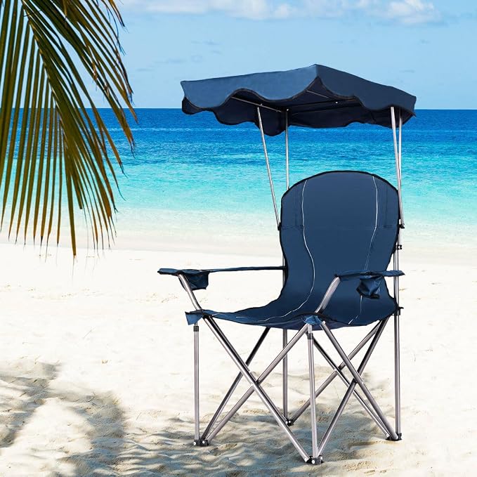 COSTWAY Portable Camping Chair with Canopy, Outdoor Lawn Chair with Shade, Carry Bag, Cup Holder, for Travel, Picnic, Beach (Blue) - Image 4