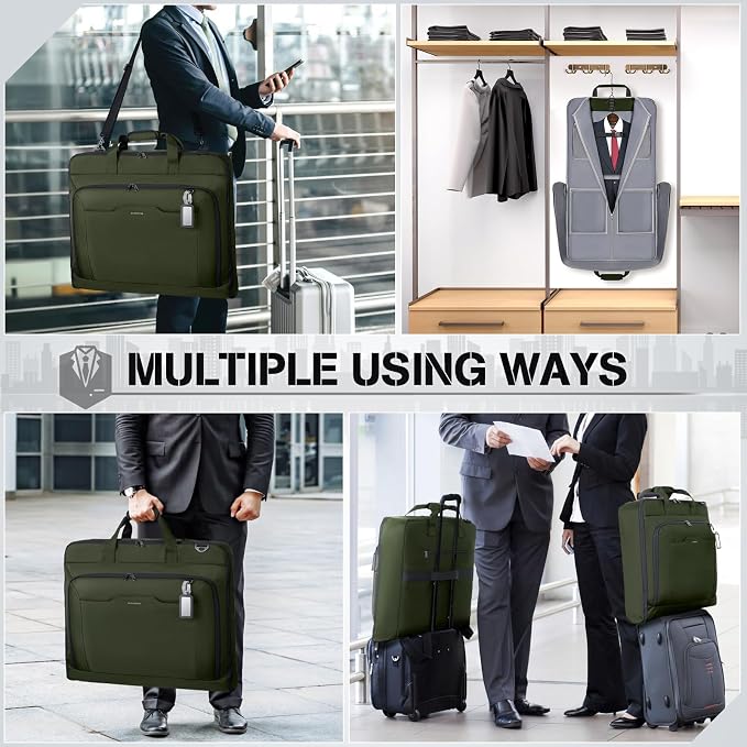 RAINSMORE Garment Bags for Travel Carry On Garment Bag for Hanging Clothes, Suit Bag for Business Trips with Shoes bag & Shoulder Strap, Waterproof Foldable Suit Luggage Bag for Men Women, Green - Image 7