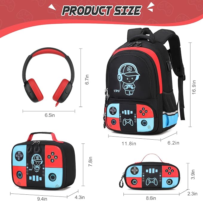 Bevalsa Backpack for School Boys,Cool Luminous Gamer Boys Backpacks with Wired Headphones Lunch Box Pencil Case,Kids Schoolbag for Kindergarten Elementary School(Red Blue Backpack with Headphones) - Image 2