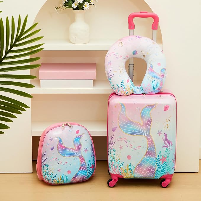 Sanwuta 4 Pcs Kids Luggage Set Back to School Gifts for Girls Boys Carry On Rolling Suitcase Backpack Neck Pillow Travel Set(17 Inch,Mermaid's Tail Style,Blue Purple) - Image 7