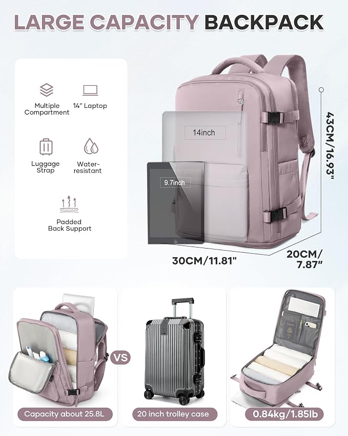 WONHOX Carry on Travel Laptop Backpack for Women Men Flight Approved,Backpack for Women Travel Bag Hiking Outdoor Sports Rucksack Casual Daypack, Lotus Pink - Image 4
